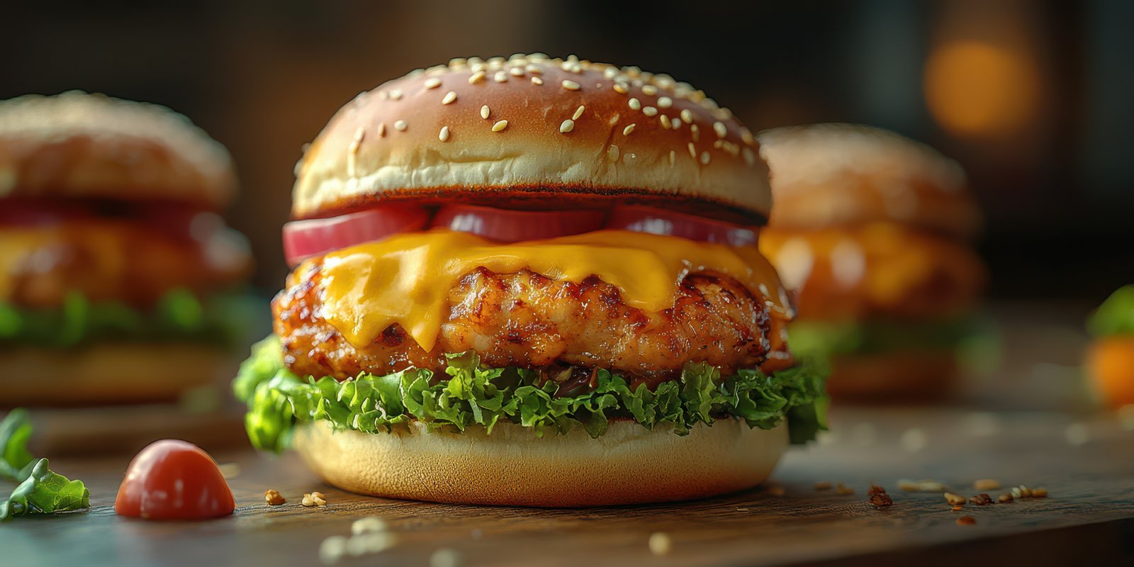 Delicious chicken burger with crispy lettuce and melted cheese at a cozy outdoor setting during sunset